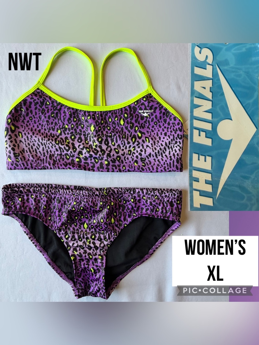 NWT TYR The Finals Women's Bikini Swim Two Piece Cheetah Purple Neon Yellow XL
